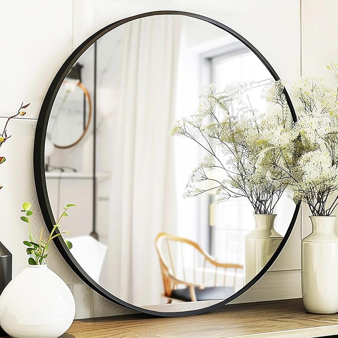 Sunniry Round Mirror 22 inch, Black Circle Mirror, Round Wall Mirrors Metal Frame, Circle Mirrors for Living Room, Bathroom, Wall, Entryway, Rustic.
