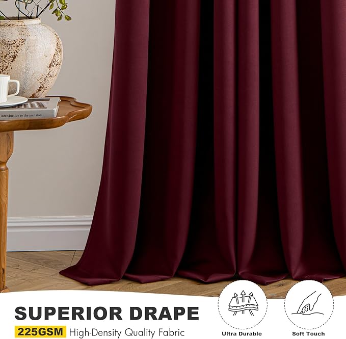 MIULEE Burgundy Red Blackout Curtains for Bedroom Living Room 72 Inches Long 2 Panels, Thermal Insulated Room Darkening Drapes Grommet Noise Reducing Light Blocking Window Treatments 40x72 Inch