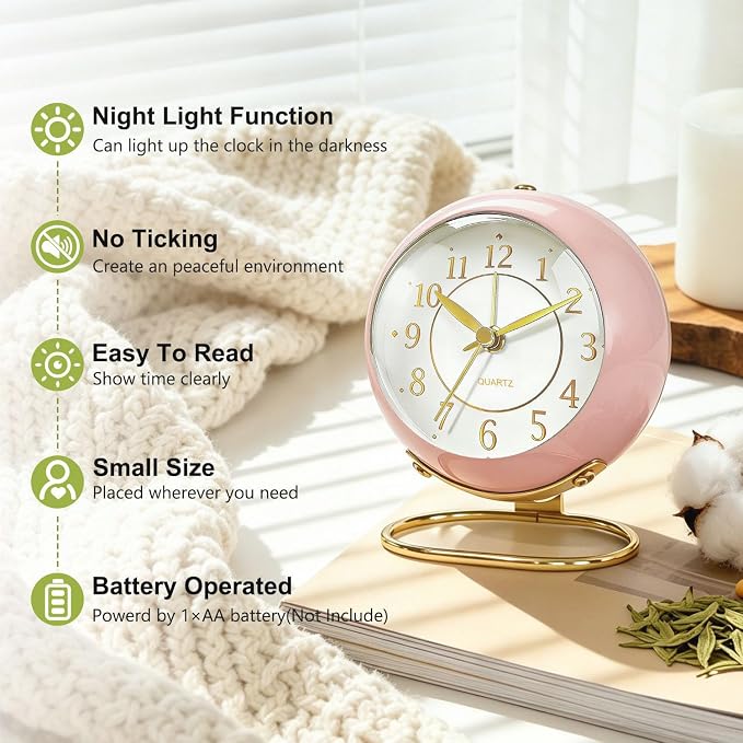 Analog Alarm Clock, Small Retro Desk Clock with Night Light, Backlight Cute Simple Design, Silent Non-Ticking, Battery Powered, for Bedroom,Travel,Kitchen,Bedside Desktop Decor - Image 2