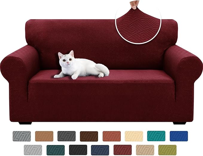 XINEAGE 2026 New 1 Piece Couch Covers for 2 Cushion (55"-69") Stretch Loveseat Sofa Cover Slipcover Jacquard Universal Furniture Protector with Elastic Bottom for Kids,Dog (Loveseat, Wine Red)