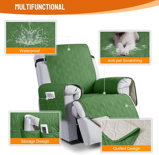 VANSOFY 100% Waterproof Recliner Chair Covers, Recliner Cover Non-Slip Dog Chair Cover Furniture Protector Washable Slipcover with Pocket, Elastic Straps for Pets, Dogs(Vine Green, 22")