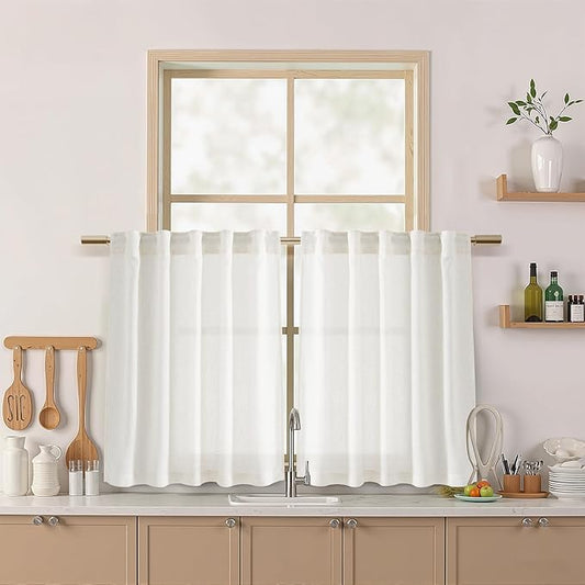 Nanspring 24 Inch Linen Curtains for Kitchen Beige White Small Window Semi Sheer Curtains Back Tab and Rod Pocket Light Filtering Drapes for Basement Short Cafe Curtain, 36 x 24 Inch,2 Panels