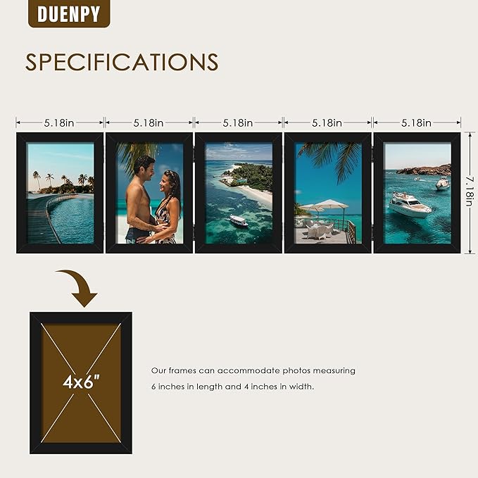 5 Folding 4x6 Picture Frame Horizontal Engineered Wood Accordion Photo Frame with Plexiglass Tabletop Bookshelf Display Black