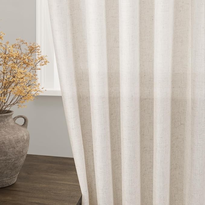 Beige Linen Light Filtering Curtains 96 Inches Long 2 Panels Long Semi Sheer Linen Blended Window Curtains Back Tab Rod Pocket Natural Linen Rustic Farmhouse Drapes for Living Room Bedroom 60x96