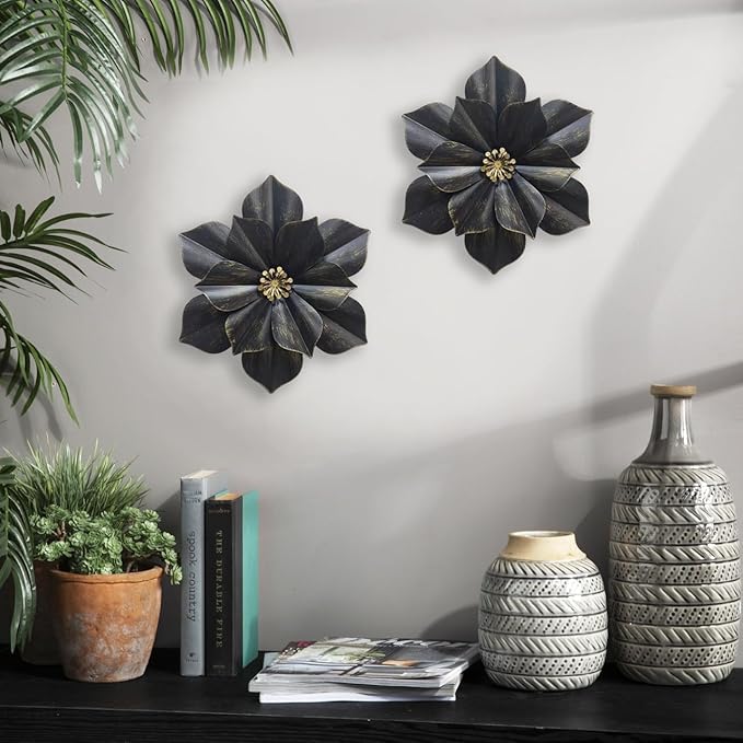 Metal Flower Wall Sculpture, 12.5" Rustic Modern Floral Artwork, Distressed 3D Layered Iron Flower Wall Hanging Accent for Indoor Kitchen Bedroom Living Room Office OutdoorGarden Patio Decor (Grey)