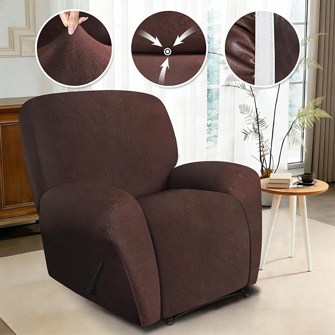 ANARACHON Leather Look Recliner Chair Covers, 4 Pieces Recliner Covers Non Slip, Soft Cover for Reclining Chair, Washable Furniture Protector for Pets (1 Seater, 024 Chocolate)