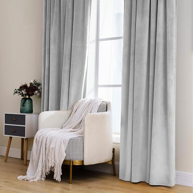 MIULEE Greyish White Velvet Curtains 2 Panels Luxury Blackout Curtains for Bedroom Living Room Thermal Insulated Super Soft Window Drapes Rod Pocket & Back Tab, W52 x L72 inches