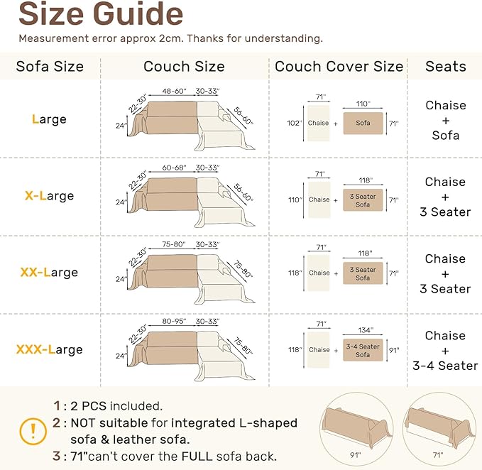 Sectional Couch Covers, 2 Pieces Washable L Shaped Couch Covers Sofa Blanket for Dogs Pet Friendly Sectional Sofa Slipcovers Furniture Covers,71"x 110"+ 71"x 118",(X-Large,Cream White)