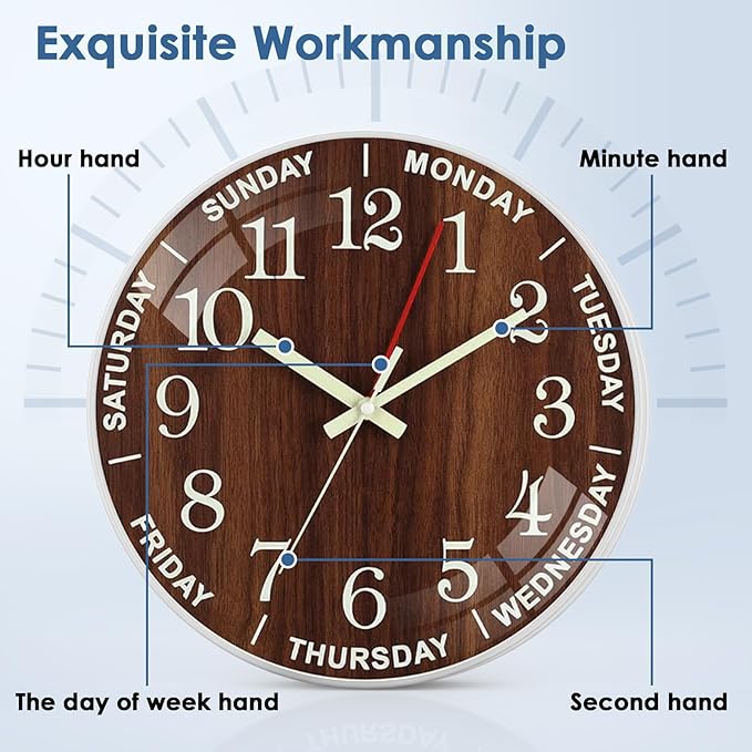12 Inch Day of Week Wall Clock, Non Ticking Modern Clocks Battery Operated，Analog Day Clock for Seniors Eldly，Classic for Office Home Classroom School Living Room,Unique Gift Clock(Brown)