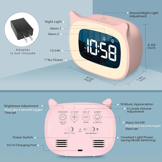 Cute Cat Ear Alarm Clock with Night Light for Bedroom,Pink - Image 7