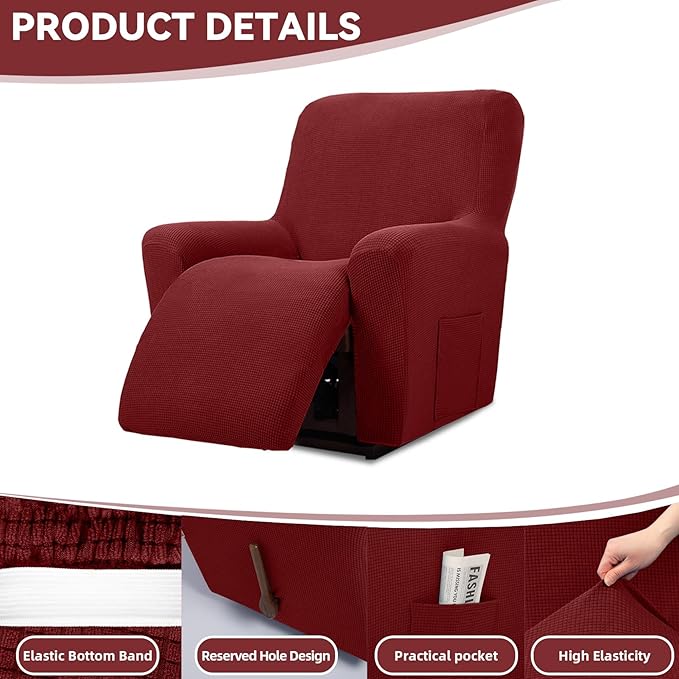 Cupuamon Recliner Chair Covers,Lazy Boy Recliner Covers Stretch Reclining Covers 1 Piece Furniture Protector with Elastic Bottom for Dog,Kids-Dark Red