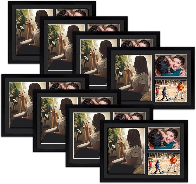 Golden State Art, Set of 8, 12x17 Black Wood Picture Frame - Black Mat for 8x10 And 5x7 Photos - Tempered Glass, Sawtooth Hanger, Swivel Tabs - Wall Mounting - Great for Gift