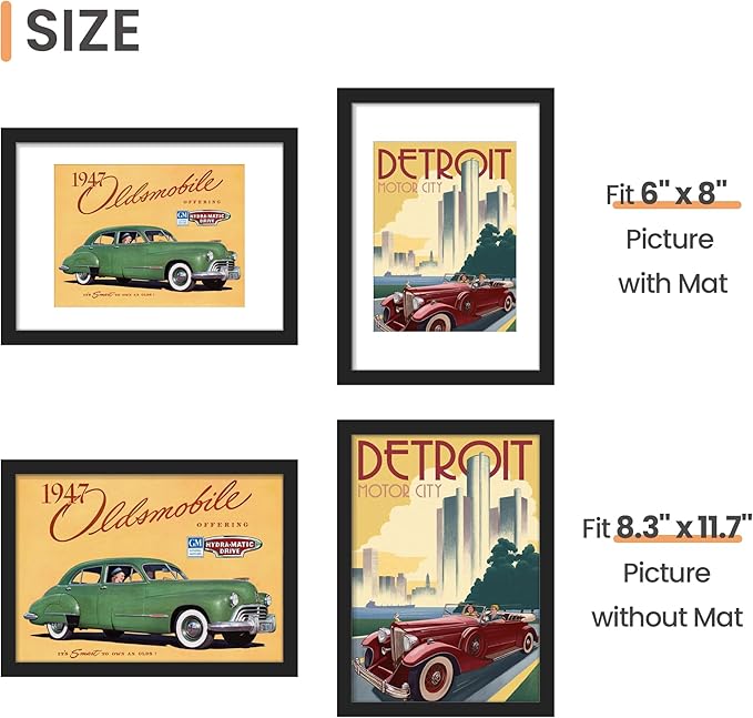 upsimples A4 Picture Frame, Display Pictures 6x8 with Mat or 8.3 x 11.7 Without, Wall Hanging Photo Frames, Black, 1 Pack