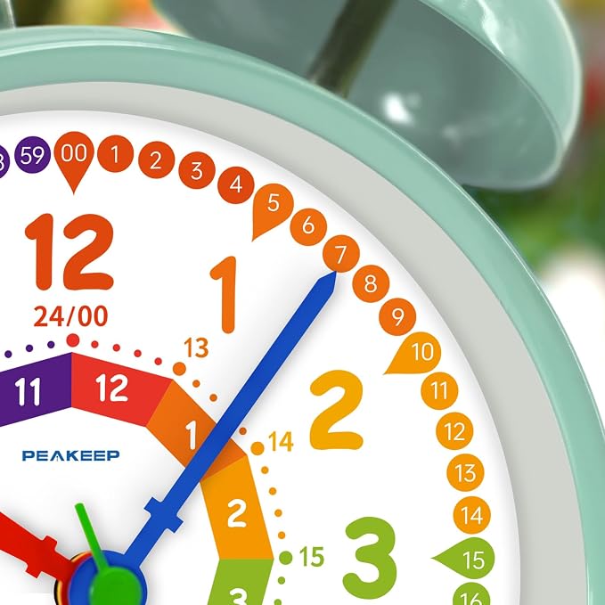 Peakeep Learning Clock for Kids Time Teaching, Loud Alarm to Wake Up | 4.5" Twin Bell Alarm Clock Battery Operated for Teenagers Kids, Kids' Room (Aqua) - Image 3