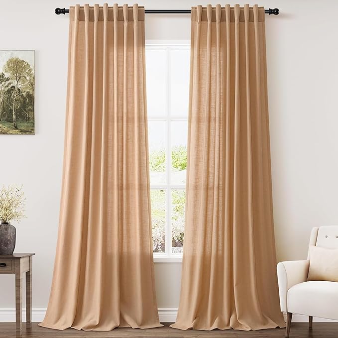 Nanspring Camel Linen Curtains for Living Room 92 Inches Long Back Tab and Rod Pocket Light Filtering Semi Sheer Vintage Rustic Curtain Luxury Boho Decor Drapes for Bedroom Office 52x92, 2 Panels