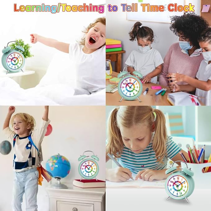 Peakeep Learning Clock for Kids Time Teaching, Loud Alarm to Wake Up | 4.5" Twin Bell Alarm Clock Battery Operated for Teenagers Kids, Kids' Room (Aqua) - Image 4