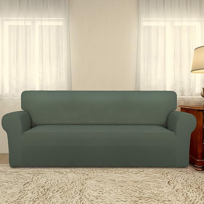 PureFit Super Stretch Sofa Slipcover – Spandex Non Slip Soft Couch Sofa Cover, Washable Furniture Protector with Non Skid Foam and Elastic Bottom for Kids, Pets （Oversized Sofa, Grayish Green）