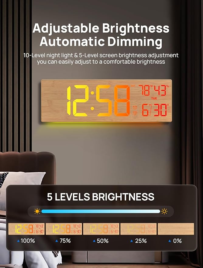 2026 Upgrade 18.5" Large Digital Wall Clock with Remote Control, Big LED Display Digital Clocks with Night Light, Alarm, Countdown, DST, Temp for Parlor, Bedroom, Office, Gifts for Seniors(Light Wood)