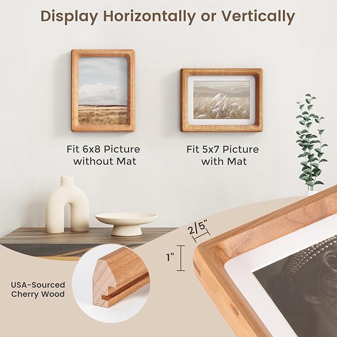 Fun Memories 6x8 Picture Frame, USA-Sourced Cherry Wood Photo Frames with HD Tempered Glass, Handcrafted Rounded Corner 6 x 8 Wooden Frames Matted to 5x7 Photos, 6x8 Frame, Tabletop or Wall Display