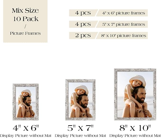 TWING Collage Picture Frames Wall Decor 10 Pack, Gallery Wall Rustic Picture Frame Set for Wall or Tabletop Display, Multi Sizes with Two 8x10, Four 5x7, and Four 4x6 Photo Frames