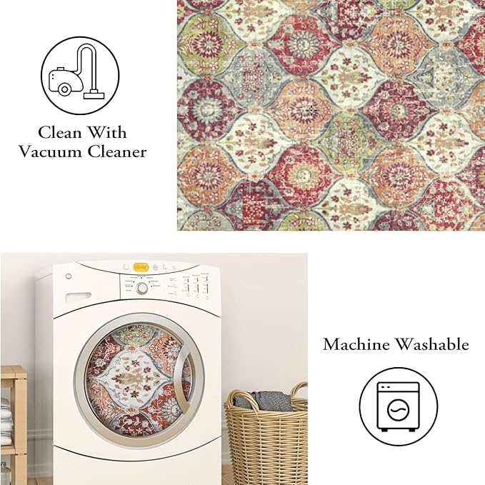 Lahome Moroccan Trellis Washable Round Rugs, Non-Slip Soft Round Rug 4ft Ultra-Thin, Small Vintage Circle Carpet for Entryway Kitchen Bedroom Nursery Bathroom Elise, Orange/Terracotta