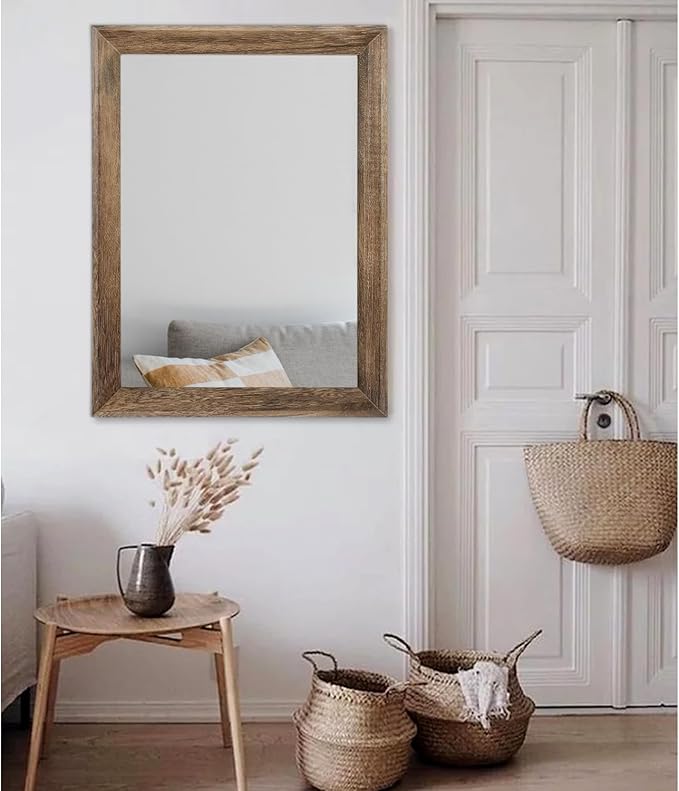 AAZZKANG Rustic Wood Mirror Rectangle Decorative Wall Mirrors with Frame Large 28"x20"for Bedroom Living Room Bathroom Entryway Hanging Brown