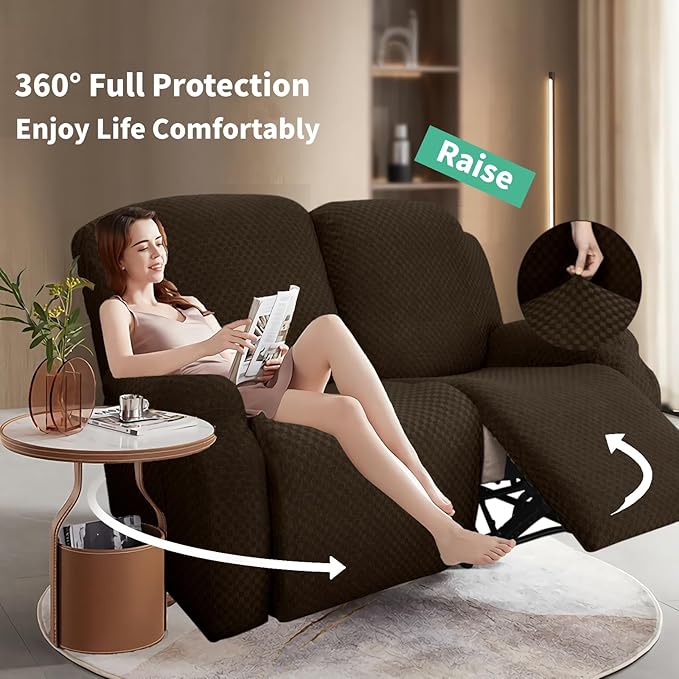 YEMYHOM 6 Pieces Stretch Loveseat Recliner Slipcover Jacquard Recliner Sofa Cover with Side Pocket Fitted Recliner Cover Couch Furniture Protector with Elastic Bottom (Loveseat Recliner, Dark Coffee)