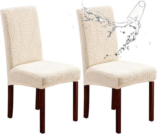 Genina Waterproof Chair Covers for Dining Room Set of 2, Stretch Jacquard Dining Chair Slipcovers Removable Washable Chair Protectors Cover for Kitchen, Hotel, Restaurant (Leaves-Beige, 2 PCS)