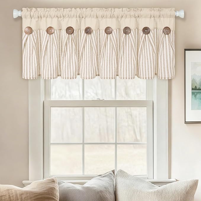 ASPMIZ Farmhouse Cotton Linen Valances for Windows, Boho Kitchen Curtains Valances with Rustic Button, Khaki Striped Window Treatments Curtain Valance for Bathroom Cafe, 52 x 18 Inch, 1 Pannel