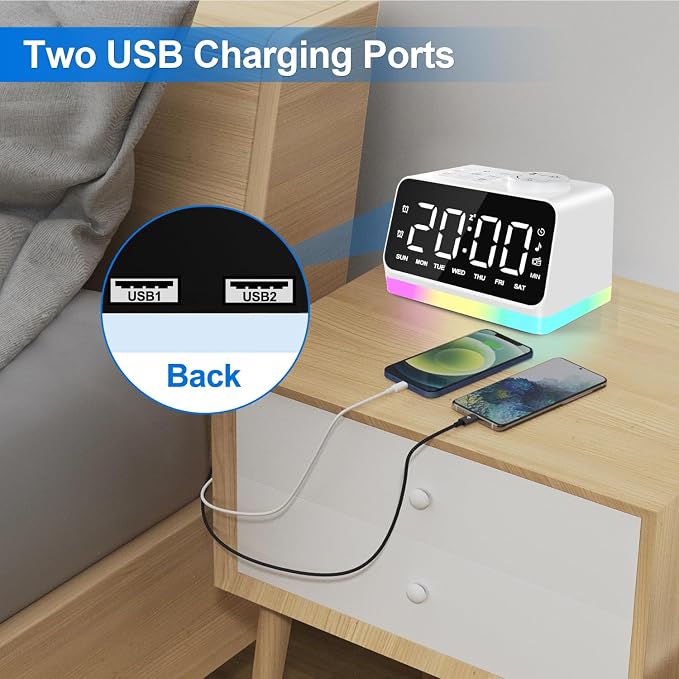 JALL Digital Alarm Clock with FM Radio for Bedroom, 8 Colors Night Light with Charging Port, Sleep Sound Machines with Timer, Dual Alarm (White with White Font) - Image 7