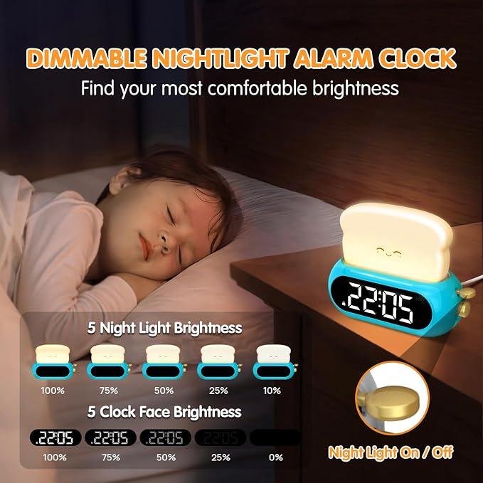 Kids Alarm Clocks for Bedroom, Cute Digital Clock with Night Light, 10 Ringtones, 10 Volumes, Nap Timer, Brightness Dimmer, Snooze, Bedside Alarm Clocks for Boys Teens Birthday Gift, Plug-in Use - Image 2