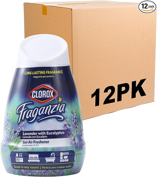 Clorox Fraganzia Gel Air Freshener Cone, Adjustable Odor Eliminating Gel with Lavender and Eucalyptus Scent for Home, Bathroom, Office, Small Spaces, Long Lasting No Battery Freshener, 6 Oz - 12 Pack