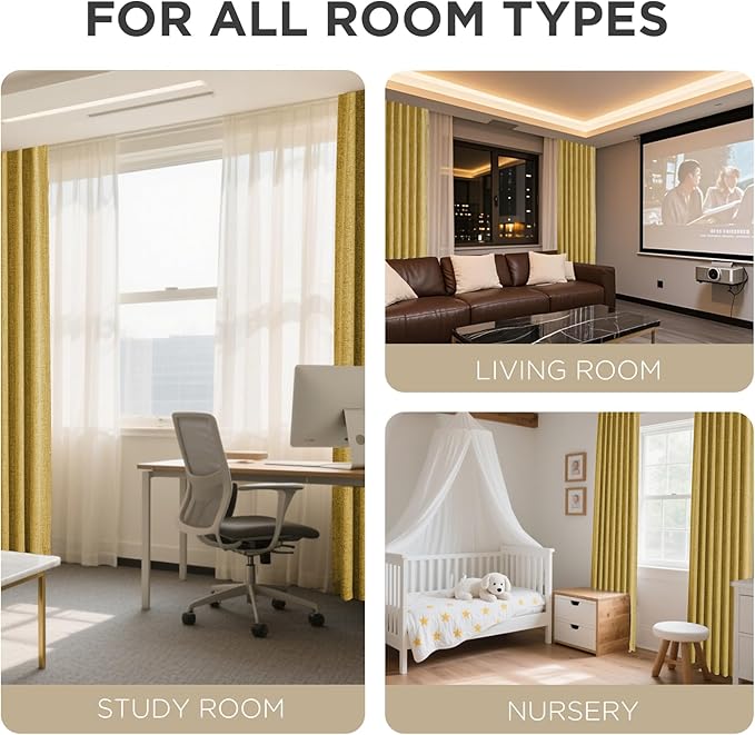 Joydeco Blackout Curtains for Bedroom - 100% Light Blocking 2 Panels Set Yellow Drapes 66" W x 90" L, Thermal Insulated Room Darkening Curtains, Linen Textured for Living Room, Rod Pocket & Back Tabs
