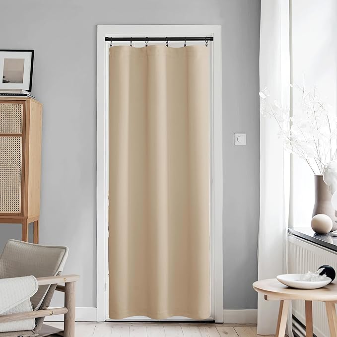 NICETOWN Door Covering for Kitchen Window, Farmhouse Sliding Curtain for Bookcase, Thermal Insuated French Door Curtains for Doorway/Office, 42 x 80, 1 Panel, Biscotti Beige