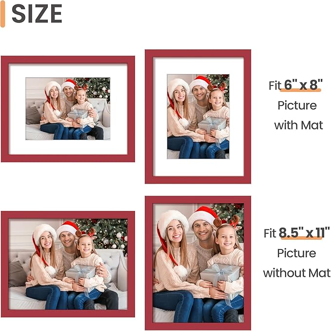 upsimples 8.5 By 11 Picture Frame, Display Pictures 6x8 with Mat or 8.5 x 11 Without, Wall Hanging Photo Frames, Red, 1 Pack