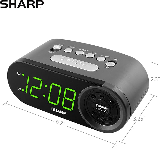 Sharp Digital Alarm Clock with 2A USB Charging and Green LED Display | 2A high-speed USB port; Easy-read green LEDs; Simple controls; Phone or tablet charging; Black - Image 5
