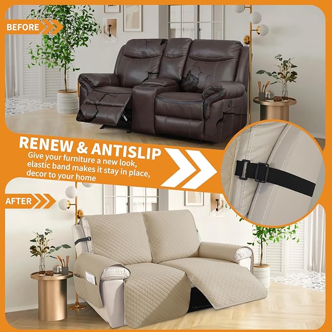 XINEAGE Water Resistant Recliner Cover, 2 Seat Loveseat Covers with Pockets, Quilted Thick Protector Cover for Dog Pets with Non Slip Backing and Strap (Loveseat, Khaki)