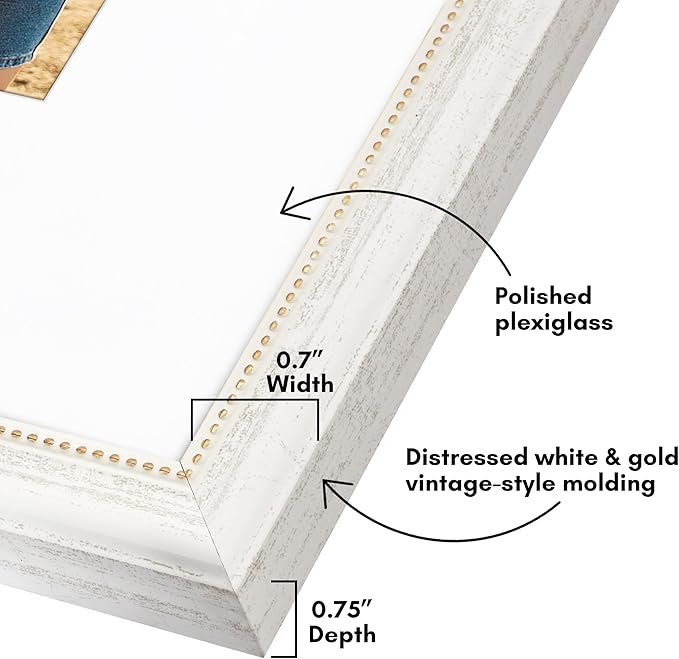 Americanflat Vintage Frames - 16x20 Picture Frame with Beaded Accents and Polished Plexiglass - Use as 11x14 Frame or Display 16x20 Photos Without Mat - Heirloom Collection - Wall Display - White Gold