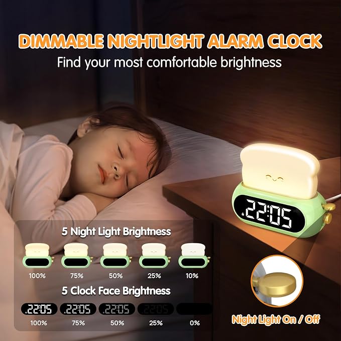 Kids Alarm Clocks for Bedroom, Cute Digital Clock with Night Light, 10 Ringtones, 10 Volumes, Nap Timer, Brightness Dimmer, Snooze, Bedside Alarm Clocks for Boys Girls Teens Birthday Gift, Plug-in Use - Image 2