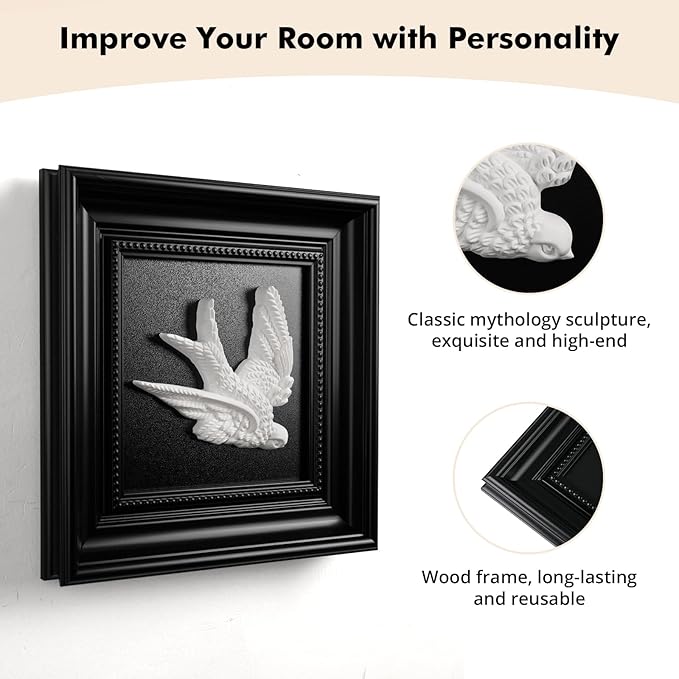 FOLKOR LIFE Black and White Framed Wall Art Sculpture for Home Decor, Classic Bird Decor Hanging Wall Decor Plaque for Modern Farmhouse Vintage Living Room, Bedroom, Hallway, Entryways Decoration