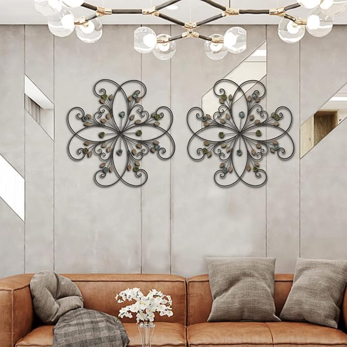 KUWIVO Lechesis 24" Metal Flower Scroll Wall Art Decor Sculptures with Rust Leaf for Living Room Bedroom
