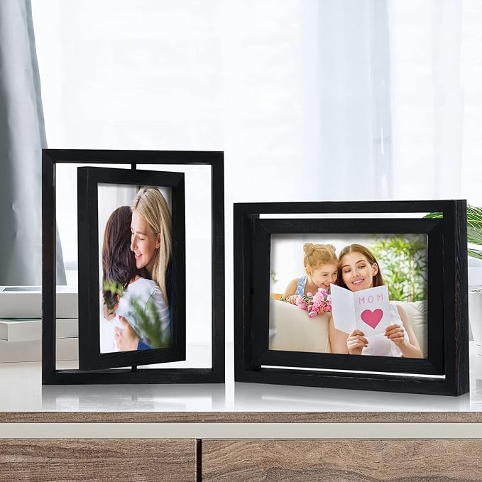 Egofine 2 Pack 5x7 Rotating Floating Picture Frames,Double-Sided Display with HD Glass Front Wooden Distressed Frame for Vertical or Horizontal Tabletop Display, Black