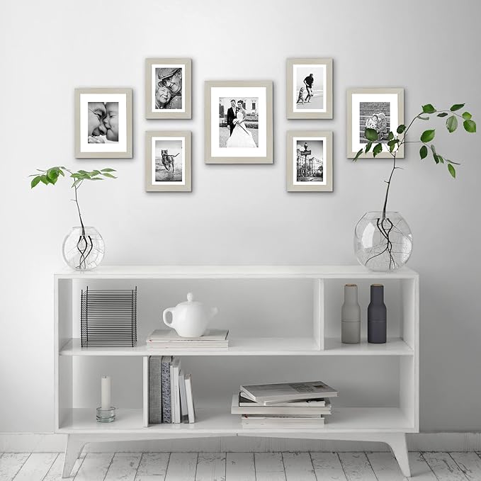 Americanflat Set of 7 Picture Frames with Shatter-Resistant Glass - Gallery Wall Frame Set with One 11x14, Two 8x10 and Four 5x7 Frames - Signature Collection - Light Wood