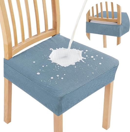 Smiry Waterproof Seat Covers for Dining Room Chairs Set of 8, Stretch Jacquard Removable Washable Chair Seat Slipcovers Protector, No Rear Covers, Airy Blue