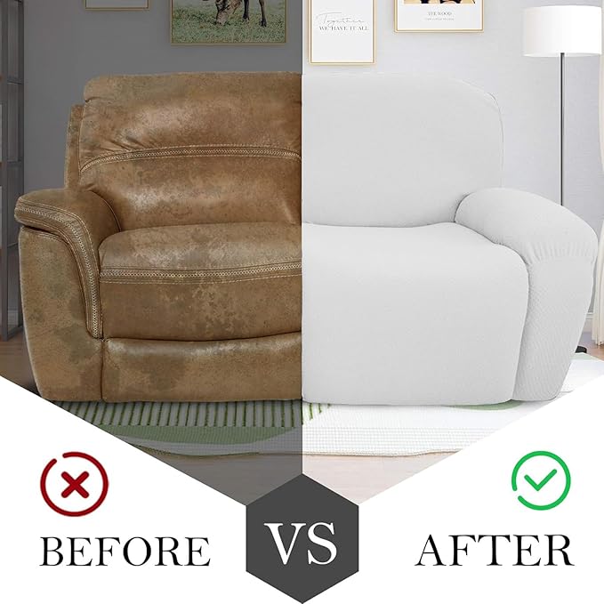 JIVINER 6-Piece Loveseat Recliner Slipcover Stretch Jacquard Recliner Sofa Cover 2 Seater Washable Reclining Couch Cover with Pocket Fitted Furniture Protector Cover (Loveseat Recliner, Off White)