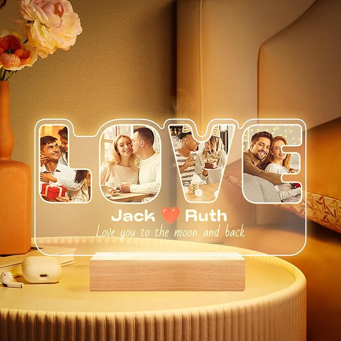 Custom Picture Frames with Photo, Personalized Photo Frame with Night Light, Customized Picture Frame, Personalized Anniversary Couple Gifts for Women Men Her Him Girlfriend Boyfriend