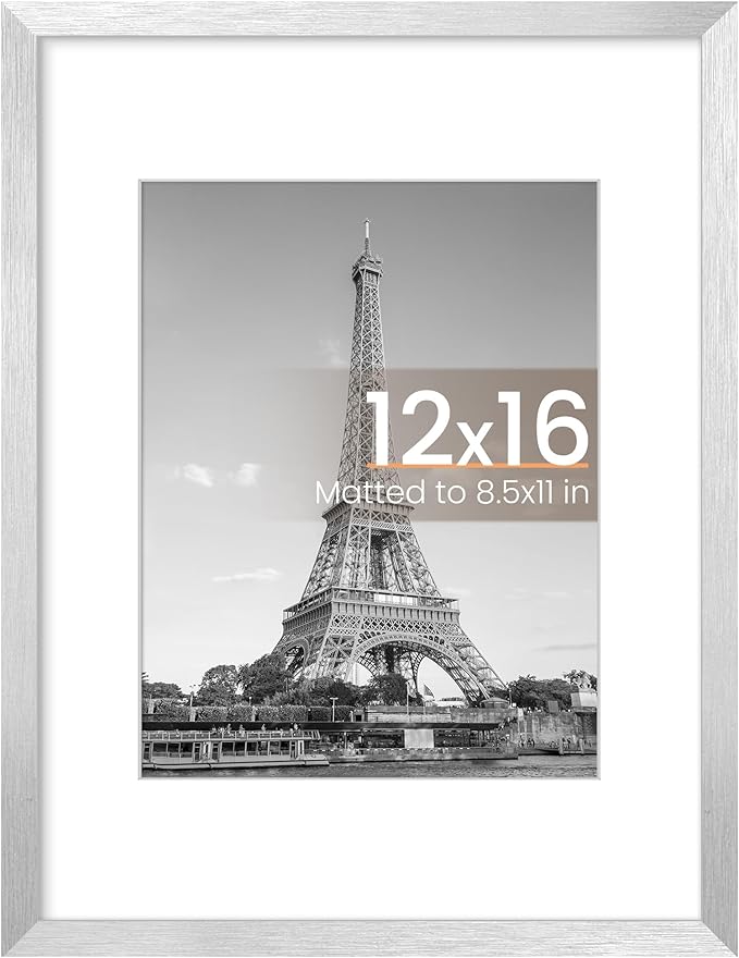 upsimples 12x16 Picture Frame, Display Pictures 8.5x11 with Mat or 12 x 16 Without, Wall Hanging Poster Frames, Silver, 1 Pack