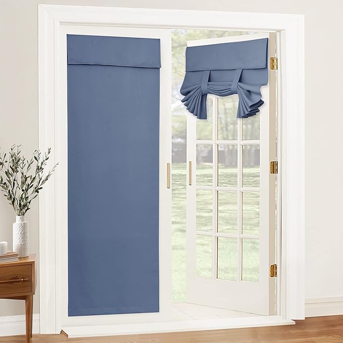 RYB HOME Blackout French Door Curtain - Privacy Thermal Insulated Window Shades for Patio Kitchen Front Entry Back Door Glass Window, Self Adhesive No Drill, 1 Panel, 26" W x 80" L, Stone Blue