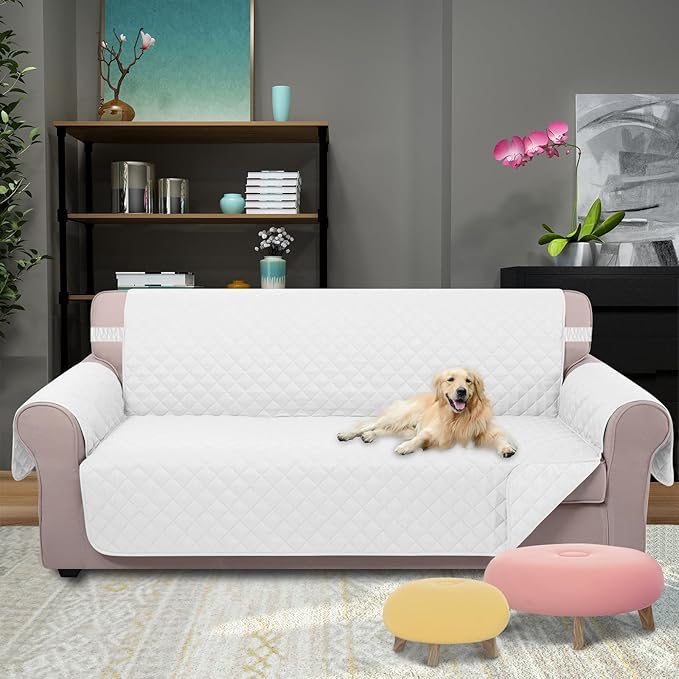 U-NICE HOME Reversible Couch Cover for Dogs with Elastic Straps Furniture Protector for Pets Sofa Cover for 3 Cushion Couch (Sofa, White/White)