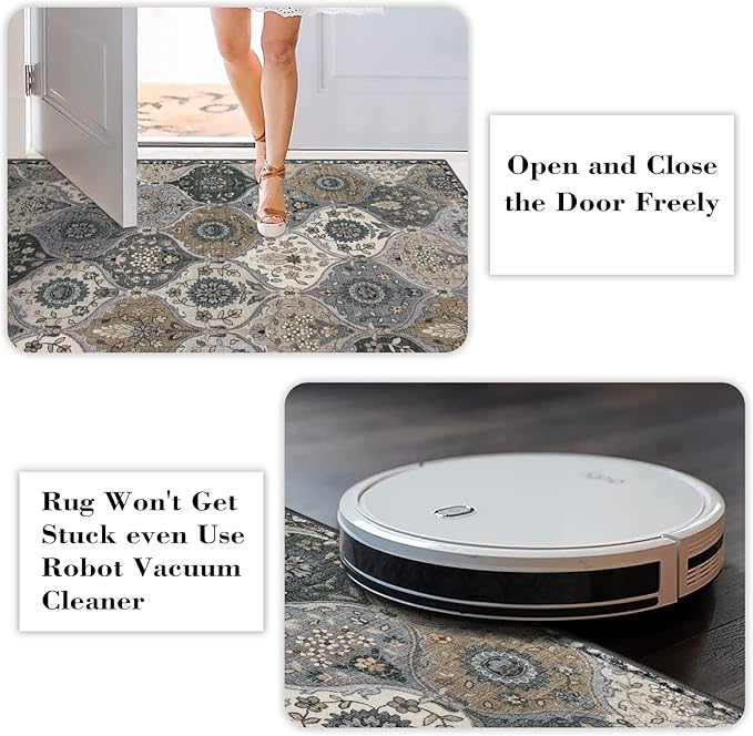 Lahome Moroccan Trellis Round Area Rugs, Washable Small Round Rug 3ft Non-Slip, Soft Vintage Ultra-Thin Circle Carpet for Bedroom Entryway Kitchen Laundry Bathroom Elise, Grey